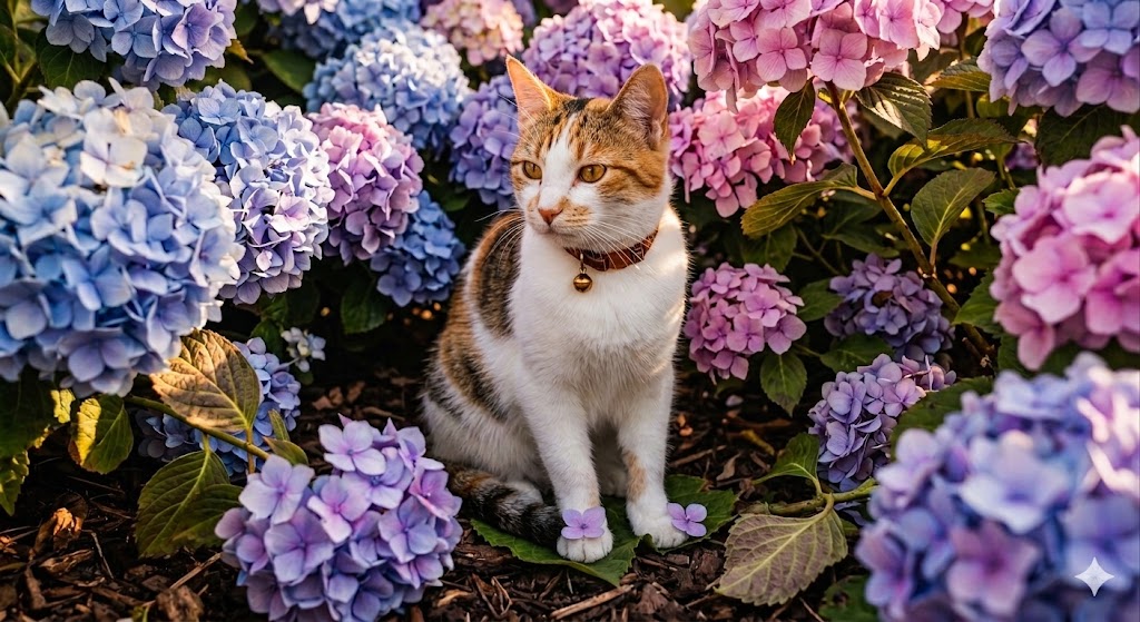 Creta, gata tricolor entre hortensias